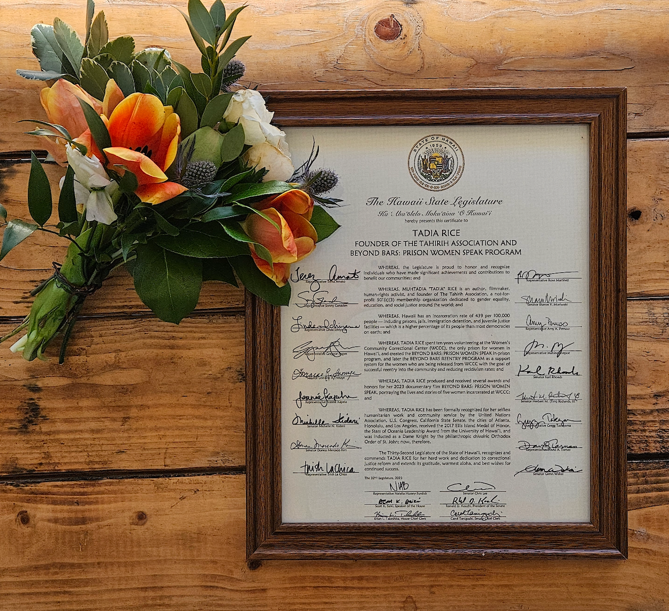 Hawaii State Legislature certificate with flowers